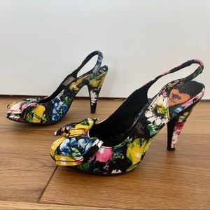 Fabric Floral Print Sling Back Heels
